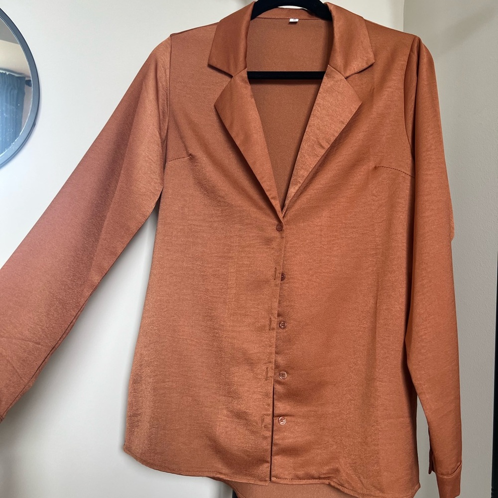 Satin Button-Front Long Sleeve Top - Rust